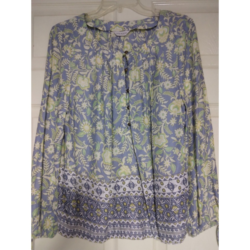 Lucky Brand Boho floral paneled peasant brass button front blue